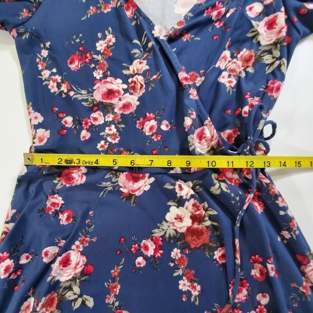 2049 * Iz Byer Floral Faux Wrap Mini Dress Navy Blue Red Size L - Picture 9 of 10